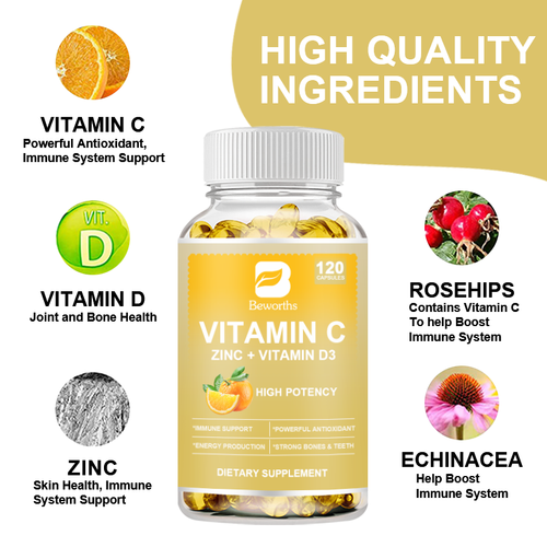 Vitamin C+Zinc+Vitamin D3 Capsules 120pcs, Antioxidant Immune & Bone Support - Picture 2 of 8