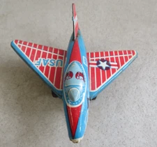 USAF US AIR FORCE BLUE/RED LITHO TIN TOY JET AIRPLANE SAITO S2 MADE IN JAPAN A1