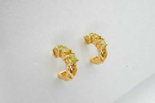 Natural Green Peridot Gemstone 10k Yellow Gold Half Hoop Stud Earrings - Picture 2 of 6