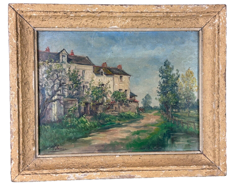 Beau Tableau ancien vue de rue propriété village signé Marie Sourice Anjou Loire