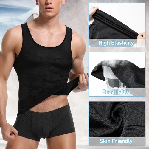 Men's Compression Shirt Belly Slimming Shapewear Tummy Gynecomastia Gym Vest - Picture 7 of 36