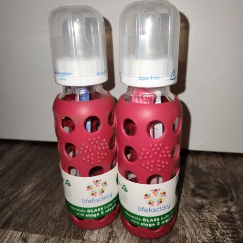 Ser of 2 LifeFactory 9oz Glass Baby Bottle w/ Silicone Sleeve & Stage 2 Nipple