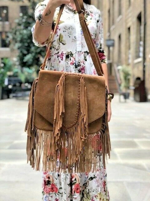 Hippie FRINGE LEATHER BAG Ethnic Tassel boho tan Western vintage Native Festival