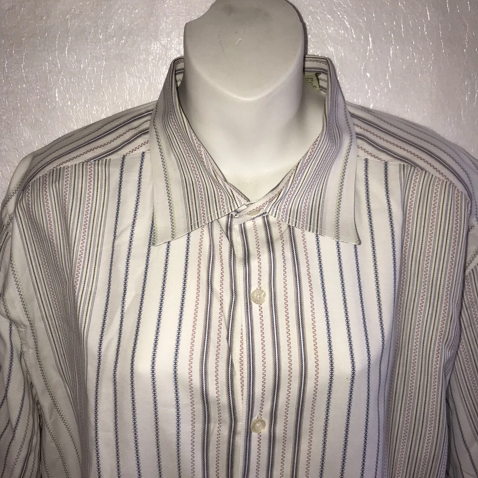 Camisa Cubavera Para Hombre Botón Frontal Blanco Azul Rojo Rayas XL A13 Foto 2 de 4