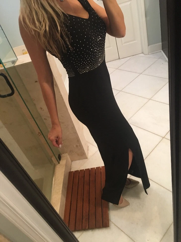 Carmen Marc Valvo Signature Dress S 4 Studded Jersey Gown Black Silver Slit Gorg - Image 4 of 4