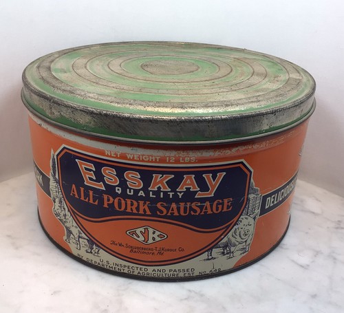 Vintage ESSKAY ALL PORK SAUSAGE Baltimore Maryland Tin Can Advertising Rare 10” - Bild 3 von 11