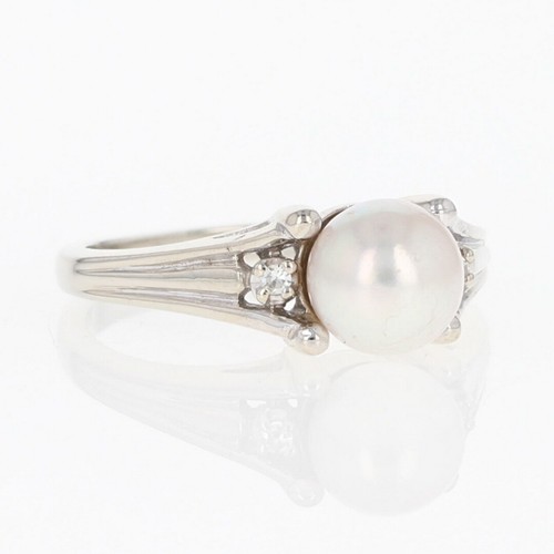 6.72mm Cultured Pearl Solitaire w/ Diamond Accents Ring 14k White Gold Size 5.5 - Picture 2 of 6