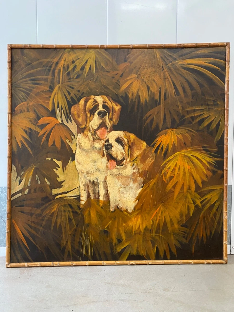 🔥 Vintage Mid Century Modern Tiki Tropical Saint Bernard Dog Oil Painting 1960s