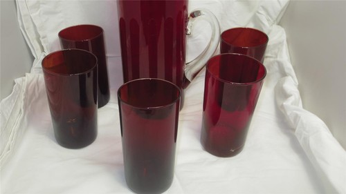 Juego de 5 vasos y jarra de limonaida de cóctel soplada a mano roja vintage usada en excelente estado - Imagen 5 de 11