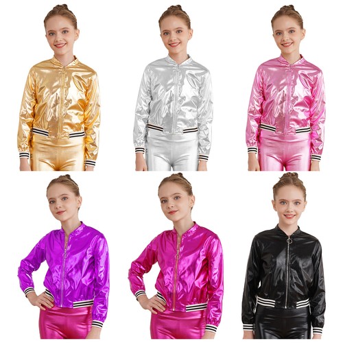 Kids Girls Sequins Metallic Bomber Jackets Shiny Motorcycle Coats Outerwear - Picture 1 of 98