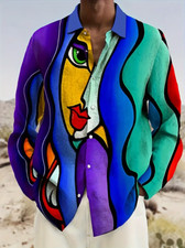Abstract Face Button Up Shirt Colorful Long Sleeve Green Blue Purple Contrast