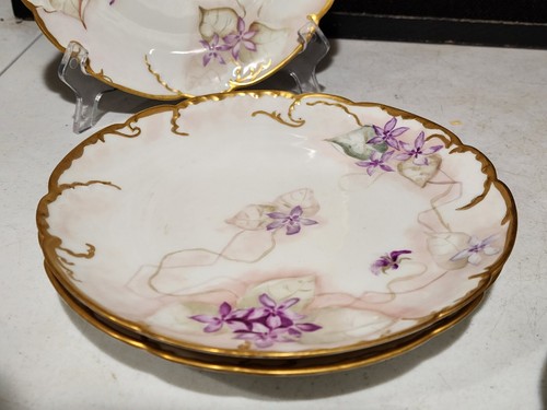 SET OF 6- H & C Limoges France Hand Painted Purple Flowers Dessert Plates - Picture 6 of 8