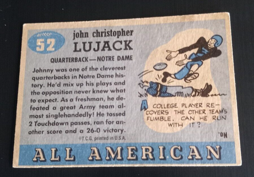 1955 TOPPS JOHNNY LUJACK ALL AMERICAN NOTRE DAME #52 - Picture 2 of 8
