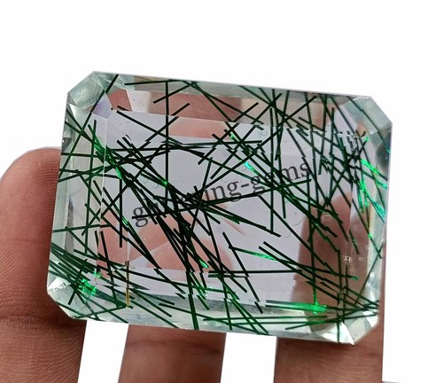 200 CT Top Quality Green Rutilated Quartz Certified Emerald Cut Gemstone SA - Picture 4 of 8