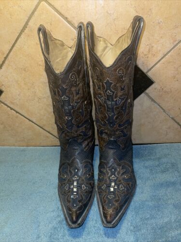 Botas Occidentales Corral Marrón Cuero con Incrustaciones Tachonadas Talla 9 M ENVÍO GRATUITO - Imagen 2 de 9
