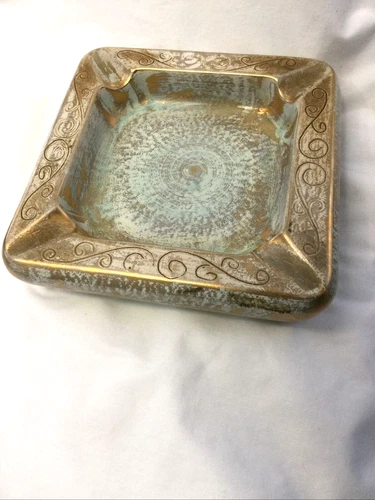 Stangl Square Ash Tray (Gold on Green Body) 5005