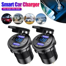 USB Car Charger Dual QC3.0 PD Port With Voltmeter Outlet Socket for 12V Boat RV