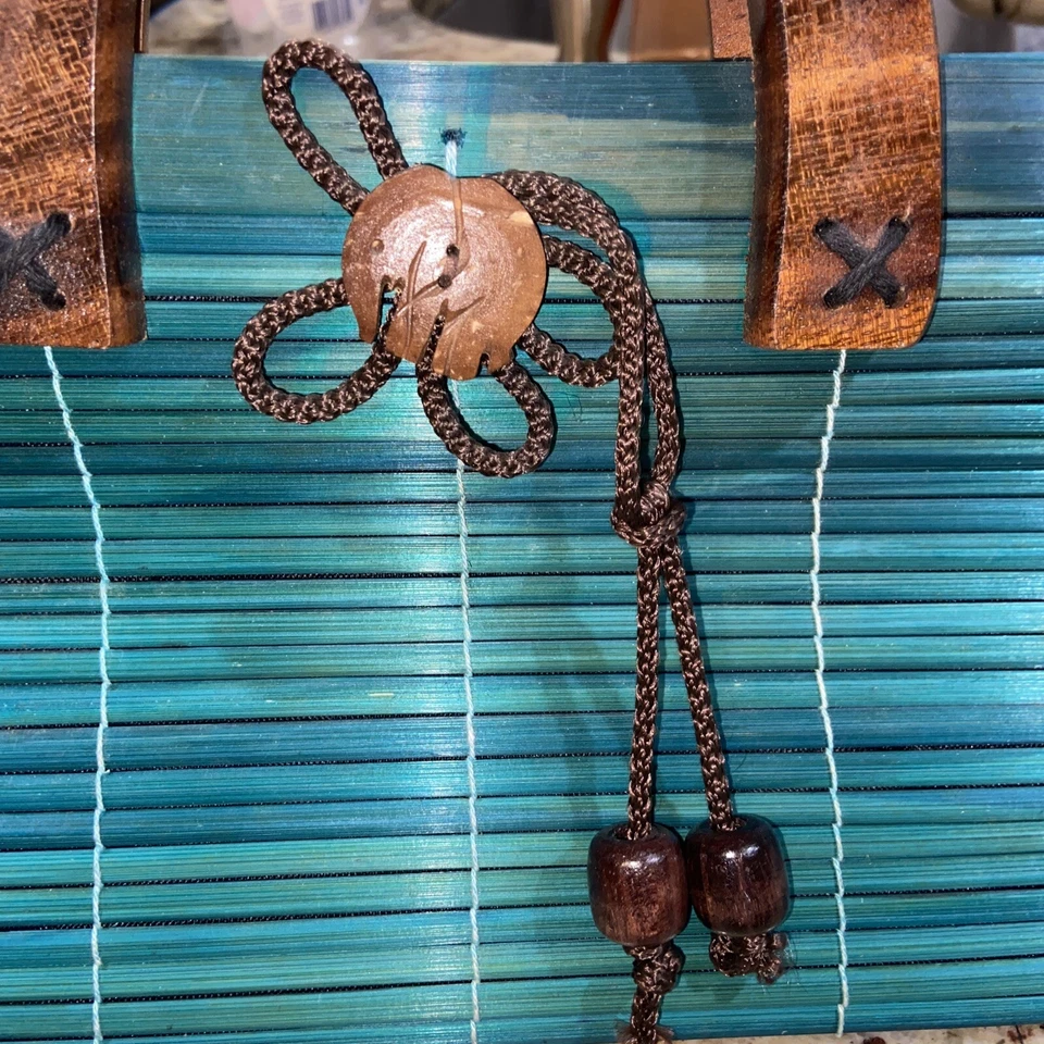 "Precioso sobre de bambú bolso sin asas verde azulado oscuro asas de madera forrado de lino 12""x6""" Foto 2 de 4