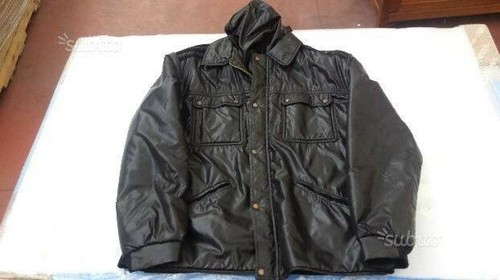 Giacca a vento vintage nero lucido usata con cappuccio, tg. 54/56 - Foto 3 di 4