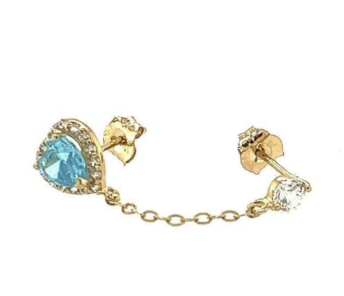 14k Yellow Gold Halo Heart CZ Stud Earrings with chain Push back - Picture 2 of 15