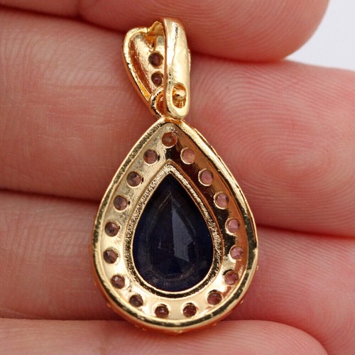 Pretty New Yellow Gold Filled Dark Navy Blue CZ Teardrop w/Halo Pendant Necklace - Picture 6 of 9