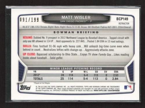 2013 Bowman Chrome #BCP149 Matt Wisler Prospects Purple Refractors #/199 (Q) - Picture 2 of 2