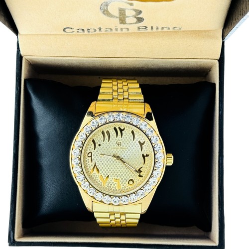 Hip Hop Watch Pavè Gold Stainless Steel Watch Gold Dial with Arabic Numerals CBJ - Picture 3 of 5