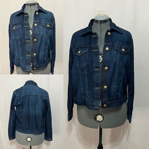 Michael Kors NWT Sz L Dark Wash Trucker Jean Jacket In Gold Buttons