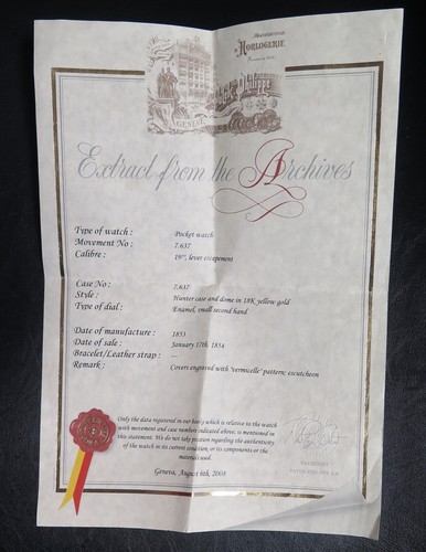 .Antique 1853 Patek Philippe 18k Yellow Gold Vermicelle Pocket Watch & Extract - Picture 5 of 12