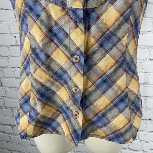Blusa blusa blu odille arancione a quadri cotone con volant manica a sbuffo made in USA taglia 8 - Foto 9 di 15