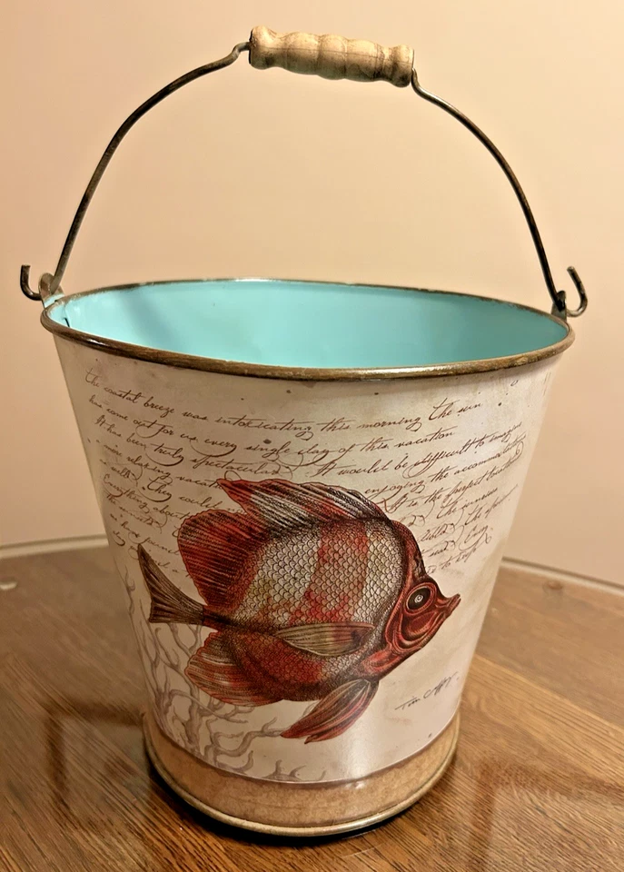 Tim Coffey Fish & Seaweed 9" Decor Metal Bucket Pail  Wood Handle Creative Co-op - Image 3 of 4
