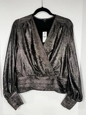 Express Metallic V-Neck Balloon Sleeve Faux Wrap Size Women’s M NWT  party  