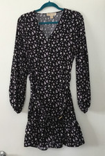Michael Kors Dress Size Large Long Sleeve Floral Print Belted V-Neck Colorful