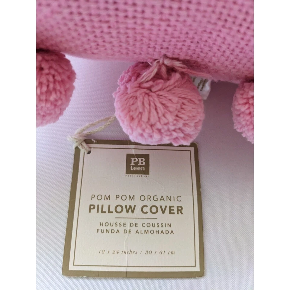"Funda de almohada Pottery Barn Teen rosa algodón orgánico pompón 12x24"" inicial E" Foto 2 de 4