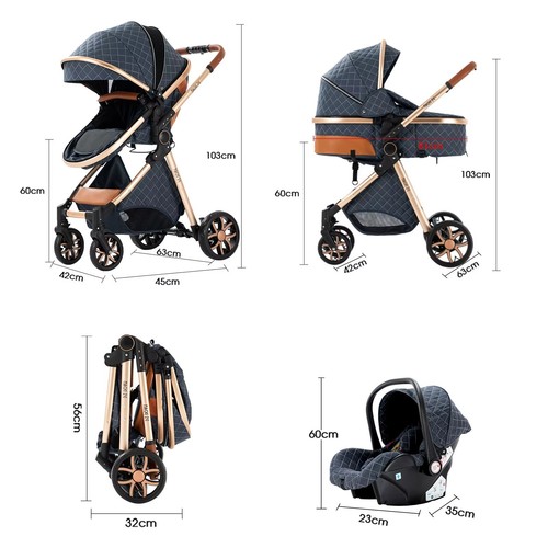 Luxus 3 in 1 Kinderwagen Tragbar Hoch Landschaft Reisekinderwagen Neugeborene Pushchai - Bild 3 von 14