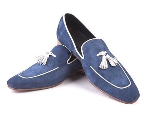 Premium Handmade Men Navy blue Suede Leather Tassels Moccasins Loafer Silp On - Picture 5 of 9