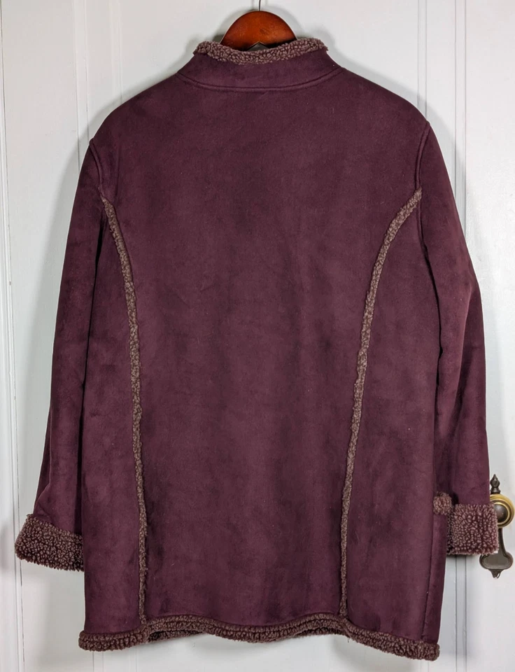LL Bean Jacket Womens XL Petite Purple Button Sherpa Lined Chore Faux Suede Coat - Image 2 of 4