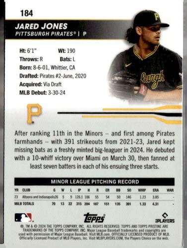 2024 Topps Pristine - Jared Jones #184 (RC) - Picture 2 of 2