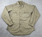 Vintage 40s WWII Military Shirt Mens 15x34 Khaki Cotton Button Up Field Utility