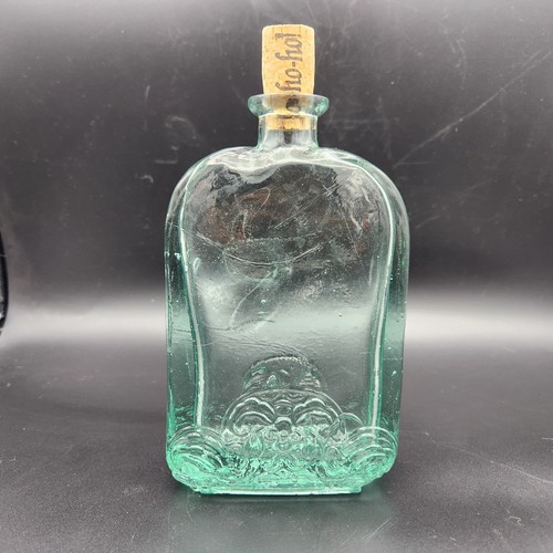 Antique Art Noveau Embossed Aqua Tinted Corked Glass Flask, 6" x 3 3/4" Bottle - Picture 2 of 10