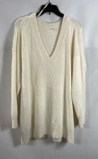 Anthropologie Women's Sweater Cream Fuzzy V-Neck Pullover Size L