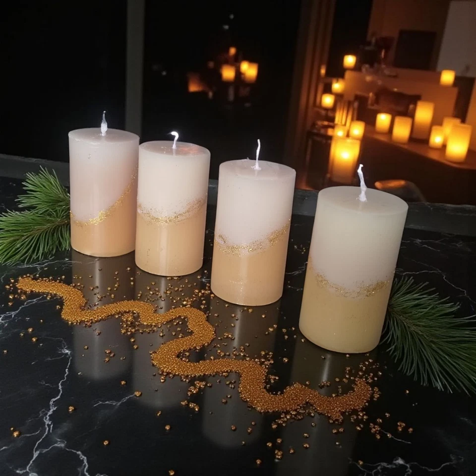 Adventskerzen Set, beige Cremefarben Mit Goldglitzer, Stumpenkerzen - Bild 2 von 2