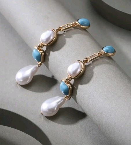 NEW Faux Blue Turquoise Faux Pearl Drop Dangling Earrings - Picture 3 of 7