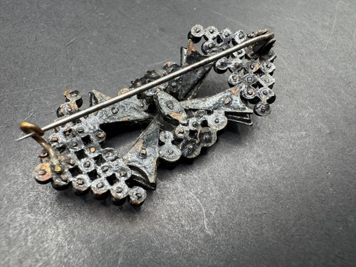 Antique Victorian French Jet Black Diamond Pattern Glass Mourning Brooch Pin - Picture 7 of 9