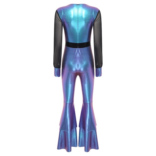 Womens Metallic Shiny Disco Costumes Mesh Long Sleeve Rompers Flared Pants - Bild 6 von 37