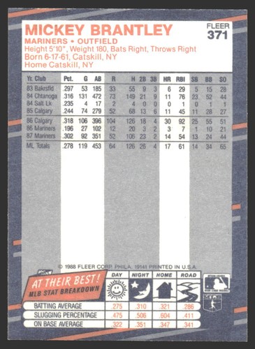 Mickey Brantley #371 1988 Fleer Seattle Mariners - Picture 2 of 2