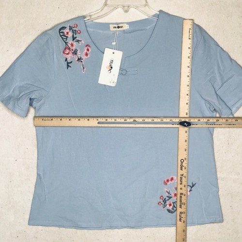 Muhan Shirt Womens 3XL Blue Floral Embroidered Top Short Sleeve Lightweight NWT - Picture 8 of 8