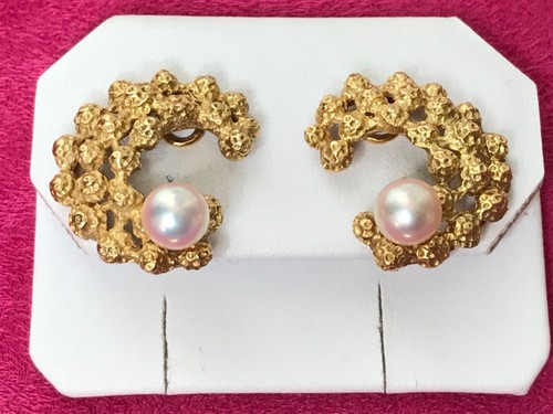 Estate Antique 18k Yellow Gold Etruscan Revival Akoya Pearl Earrings clip on