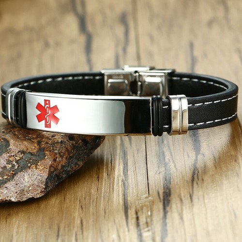 Pulsera de identificación médica de cuero caduceo cosido grabable de acero inoxidable 11 mm 8 - Imagen 2 de 3