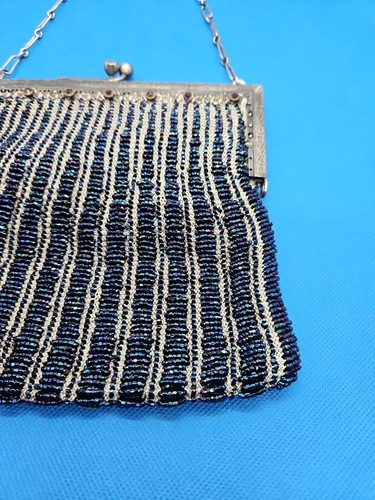 Antique Blue Beaded Mesh Purse w/ Ornate Metal Frame - Picture 11 of 17